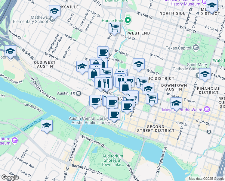 map of restaurants, bars, coffee shops, grocery stores, and more near 832 West 5th Street in Austin