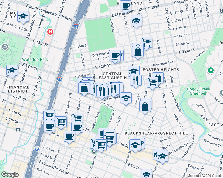 map of restaurants, bars, coffee shops, grocery stores, and more near 1309 Hackberry Street in Austin