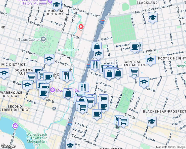 map of restaurants, bars, coffee shops, grocery stores, and more near 811 East 11th Street in Austin