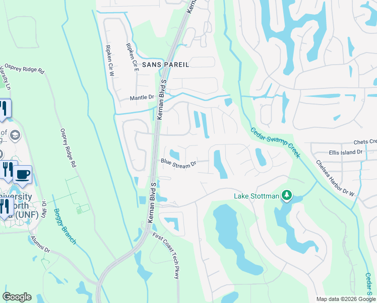 map of restaurants, bars, coffee shops, grocery stores, and more near 4555 Shaky Leaf Lane North in Jacksonville
