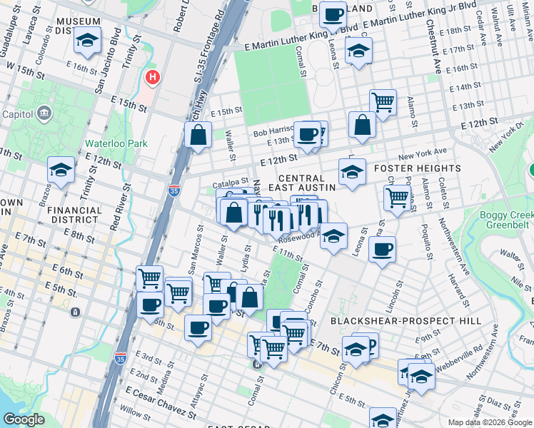map of restaurants, bars, coffee shops, grocery stores, and more near in Austin