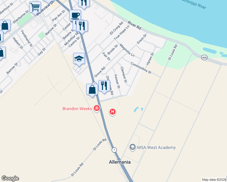 map of restaurants, bars, coffee shops, grocery stores, and more near 25373 Dickinson Road in Plaquemine
