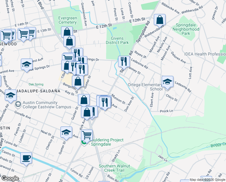 map of restaurants, bars, coffee shops, grocery stores, and more near 4609 Prock Lane in Austin
