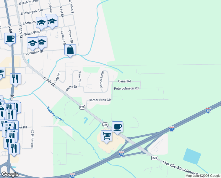 map of restaurants, bars, coffee shops, grocery stores, and more near 4114 Wolfe Drive in Macclenny