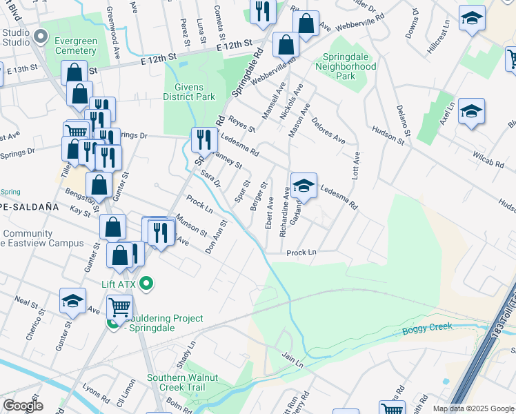 map of restaurants, bars, coffee shops, grocery stores, and more near 1119 Berger St in Austin