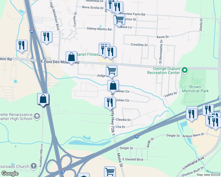 map of restaurants, bars, coffee shops, grocery stores, and more near 3601 Moss Street in Lafayette