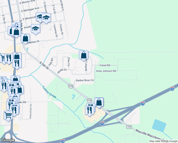 map of restaurants, bars, coffee shops, grocery stores, and more near 4114 Wolfe Drive in Macclenny