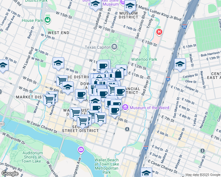 map of restaurants, bars, coffee shops, grocery stores, and more near 106 East 8th Street in Austin
