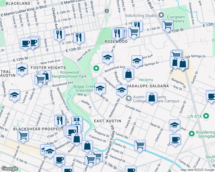 map of restaurants, bars, coffee shops, grocery stores, and more near 900 Thompson Street in Austin