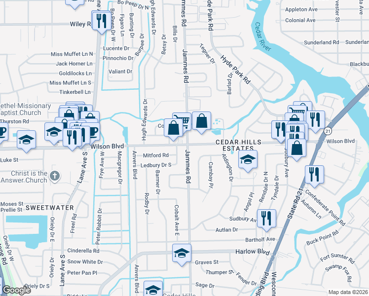 map of restaurants, bars, coffee shops, grocery stores, and more near 3604 East Ledbury Drive in Jacksonville