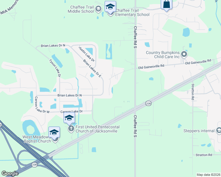 map of restaurants, bars, coffee shops, grocery stores, and more near 2587 Carson Oaks Drive in Jacksonville