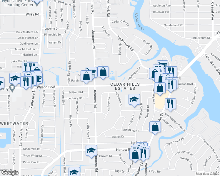 map of restaurants, bars, coffee shops, grocery stores, and more near 6314 Wilson Boulevard in Jacksonville