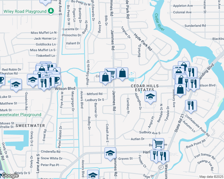 map of restaurants, bars, coffee shops, grocery stores, and more near 3604 East Ledbury Drive in Jacksonville