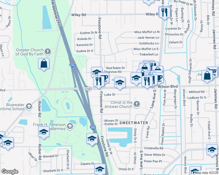 map of restaurants, bars, coffee shops, grocery stores, and more near 7159 Wilson Boulevard in Jacksonville