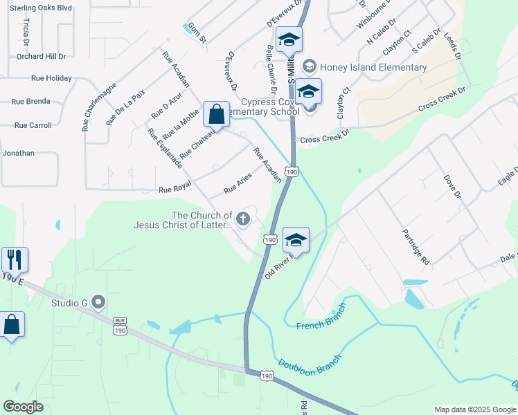 map of restaurants, bars, coffee shops, grocery stores, and more near 109 Village Drive in Slidell