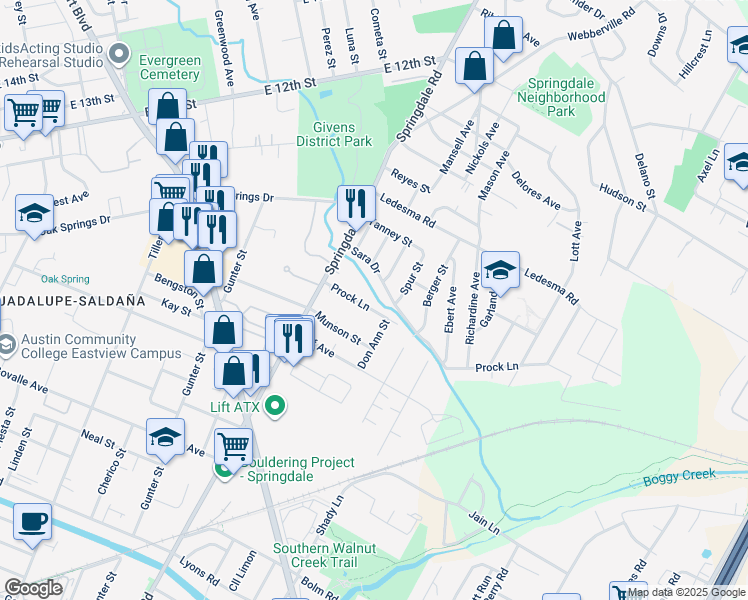 map of restaurants, bars, coffee shops, grocery stores, and more near 4710 Prock Lane in Austin