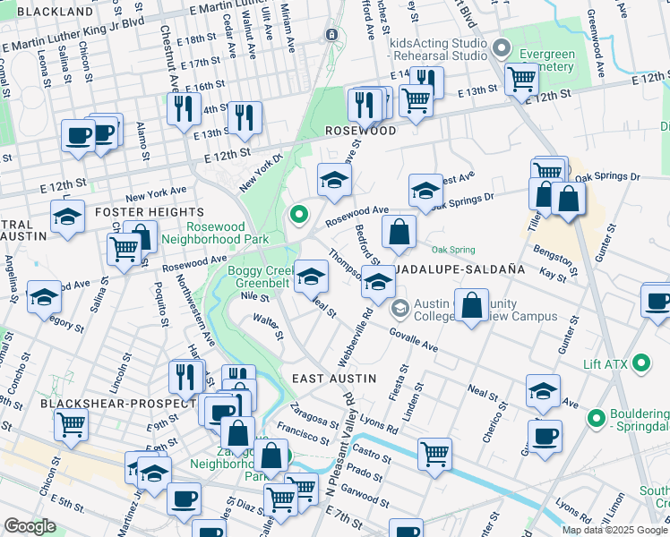map of restaurants, bars, coffee shops, grocery stores, and more near 725-1099 Thompson St in Austin