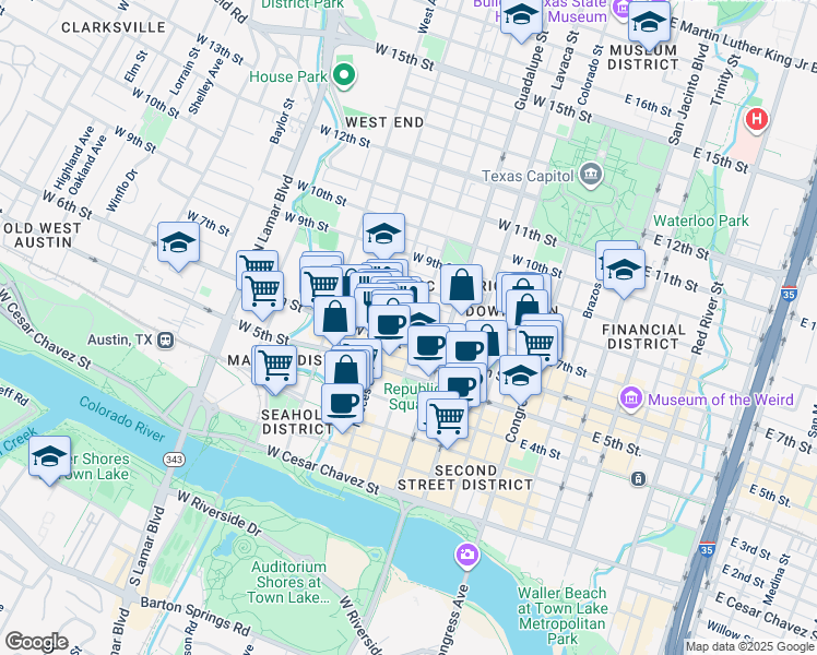 map of restaurants, bars, coffee shops, grocery stores, and more near 505 West 7th Street in Austin