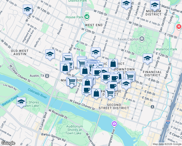 map of restaurants, bars, coffee shops, grocery stores, and more near 618 West 6th Street in Austin