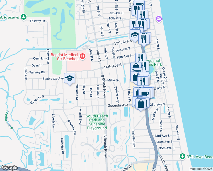 map of restaurants, bars, coffee shops, grocery stores, and more near 3 Norberta Way in Jacksonville Beach
