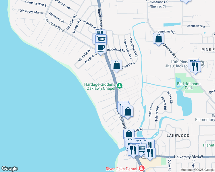 map of restaurants, bars, coffee shops, grocery stores, and more near 1409 San Amaro Road in Jacksonville