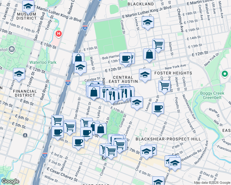 map of restaurants, bars, coffee shops, grocery stores, and more near San Bernard St & Hackberry St in Austin