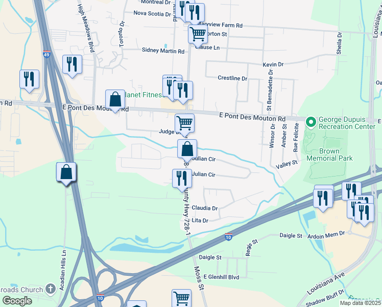 map of restaurants, bars, coffee shops, grocery stores, and more near 101 Julian Circle in Lafayette