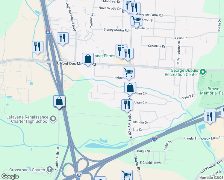 map of restaurants, bars, coffee shops, grocery stores, and more near 102 Bell North Drive in Lafayette