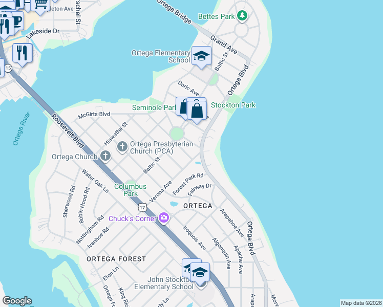 map of restaurants, bars, coffee shops, grocery stores, and more near 4242 Ortega Boulevard in Jacksonville