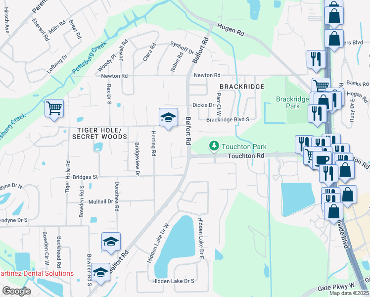 map of restaurants, bars, coffee shops, grocery stores, and more near 3079 Bellechase Court in Jacksonville