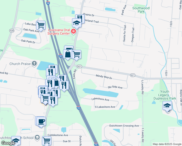 map of restaurants, bars, coffee shops, grocery stores, and more near 37184 Mindy Way Drive in Prairieville