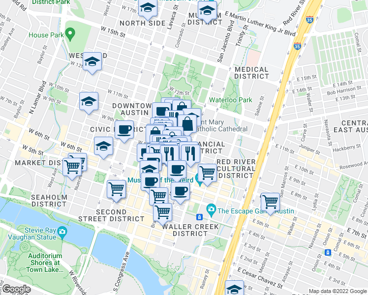 map of restaurants, bars, coffee shops, grocery stores, and more near 807 Brazos Street in Austin
