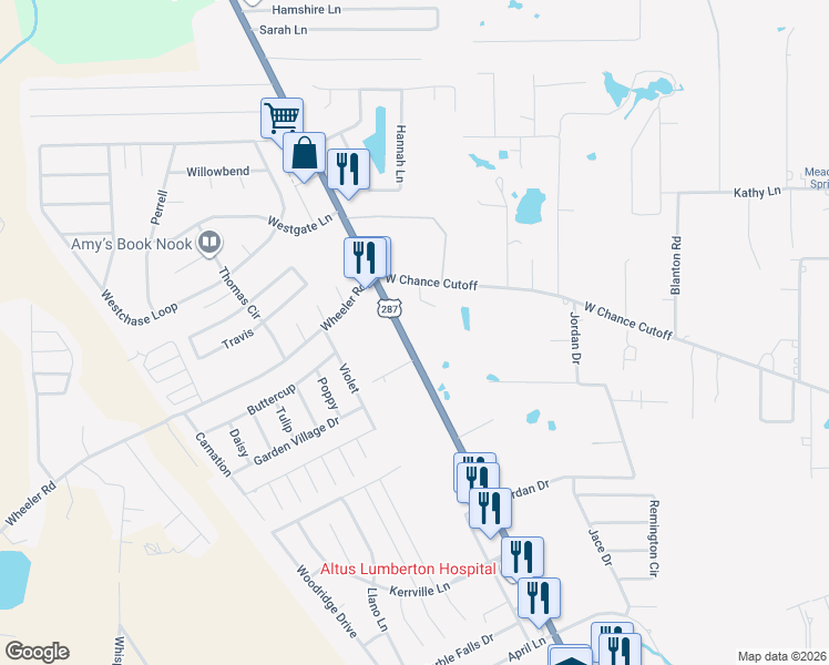 map of restaurants, bars, coffee shops, grocery stores, and more near 358 North Lhs Drive in Lumberton