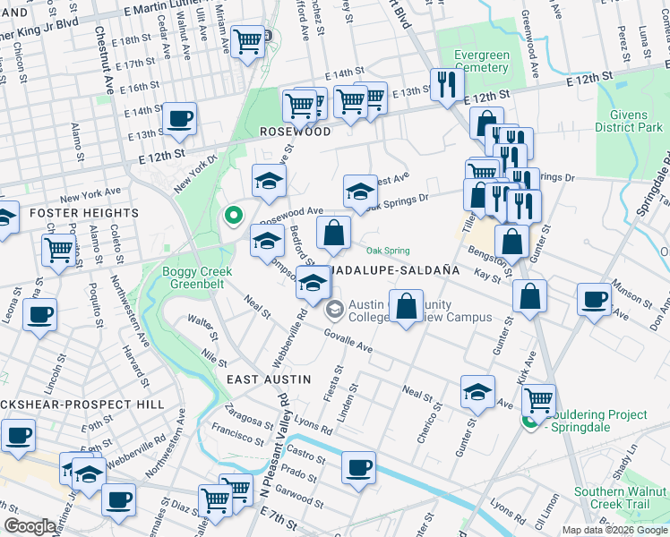 map of restaurants, bars, coffee shops, grocery stores, and more near 3501 Webberville Road in Austin