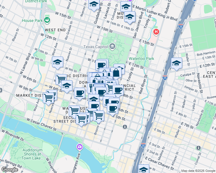 map of restaurants, bars, coffee shops, grocery stores, and more near 800 Brazos Street in Austin