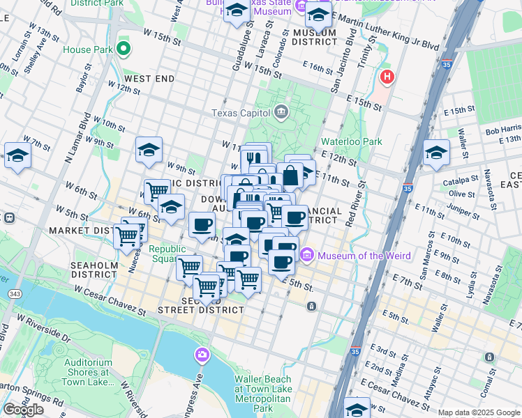 map of restaurants, bars, coffee shops, grocery stores, and more near 106 East 8th Street in Austin