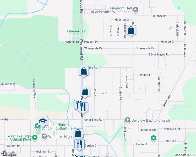 map of restaurants, bars, coffee shops, grocery stores, and more near 2524 Cox Road in Westlake