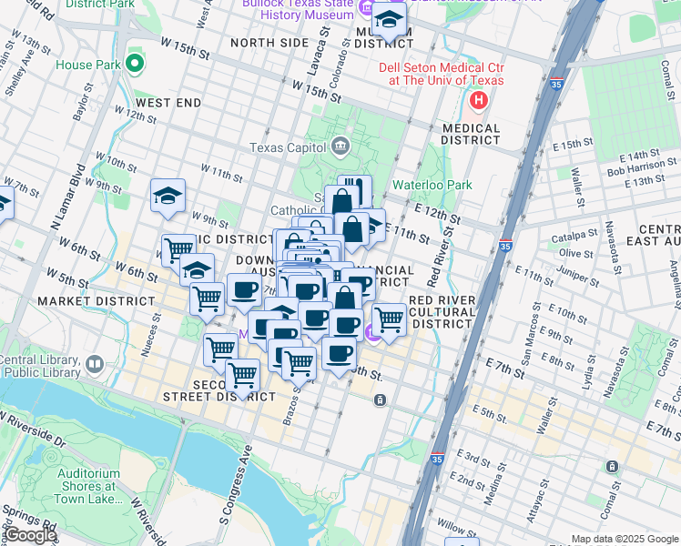 map of restaurants, bars, coffee shops, grocery stores, and more near in Austin