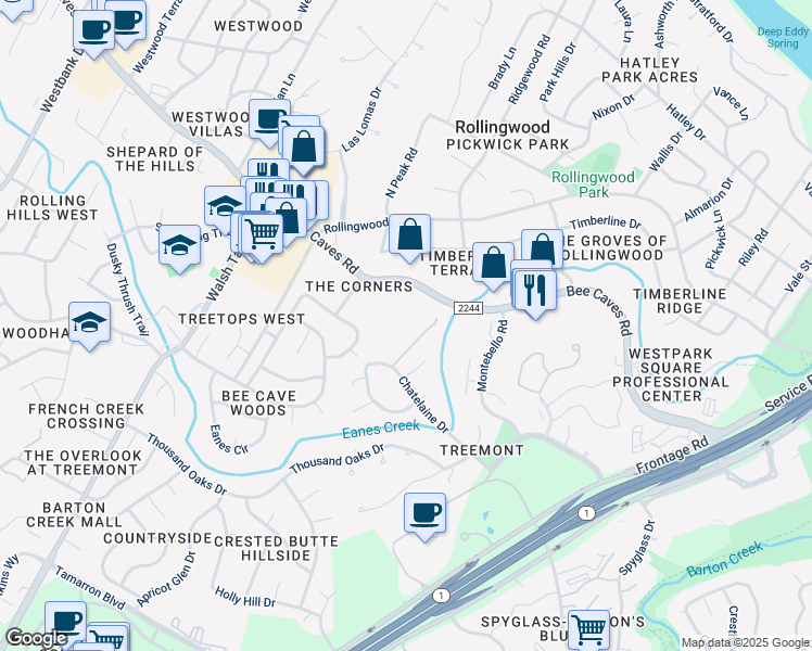 map of restaurants, bars, coffee shops, grocery stores, and more near 3001 Bee Caves Road in Austin