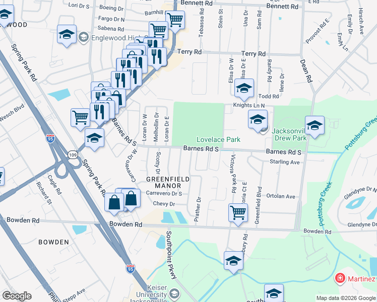 map of restaurants, bars, coffee shops, grocery stores, and more near 3006 Kegler Drive in Jacksonville