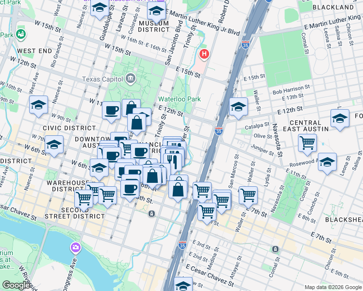 map of restaurants, bars, coffee shops, grocery stores, and more near 901 Red River Street in Austin