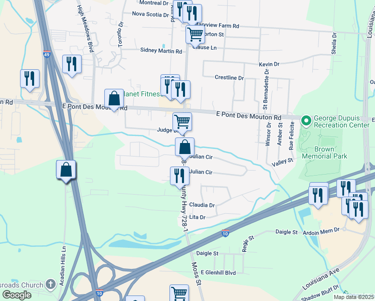 map of restaurants, bars, coffee shops, grocery stores, and more near 101 Julian Circle in Lafayette