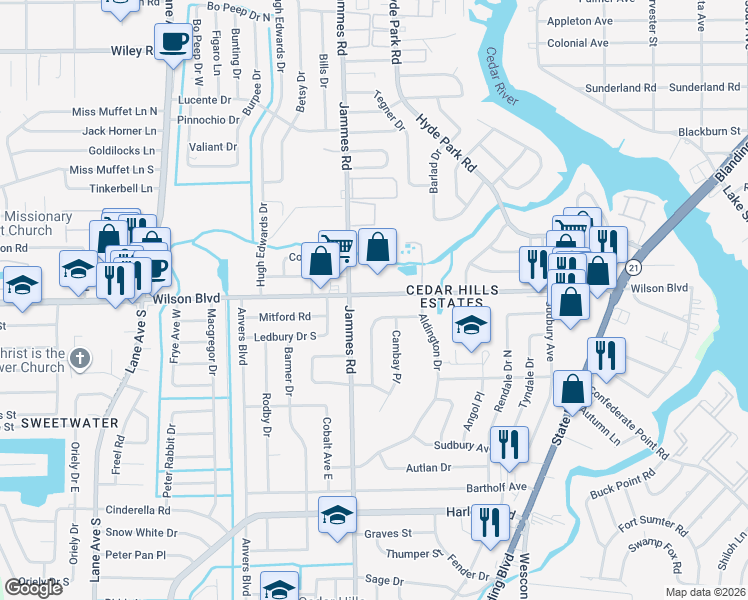 map of restaurants, bars, coffee shops, grocery stores, and more near 6370 Wilson Boulevard in Jacksonville