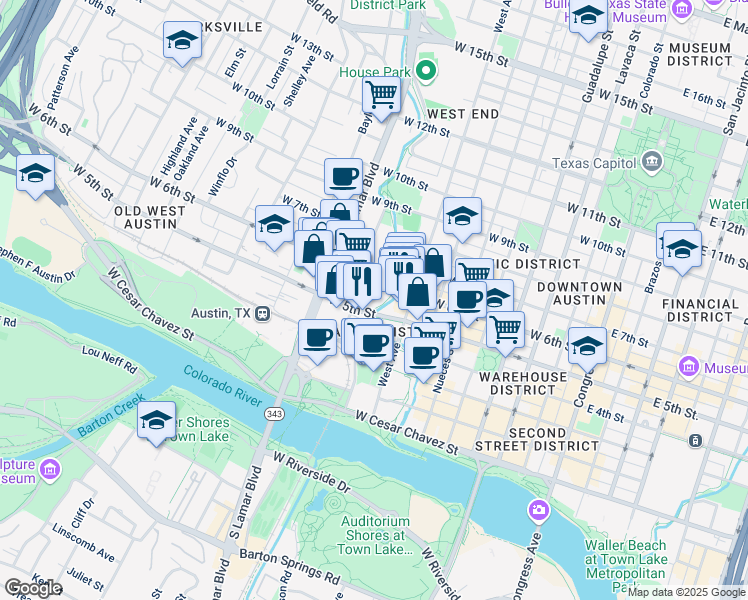 map of restaurants, bars, coffee shops, grocery stores, and more near 501 Bowie Street in Austin