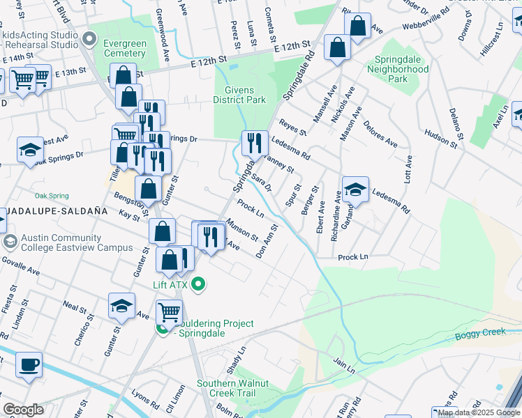 map of restaurants, bars, coffee shops, grocery stores, and more near 4710 Prock Lane in Austin