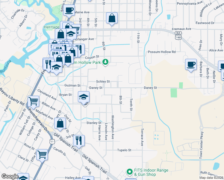 map of restaurants, bars, coffee shops, grocery stores, and more near 927 Daney Street in Slidell