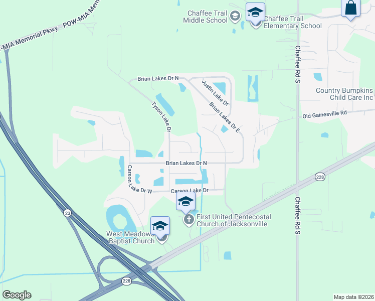 map of restaurants, bars, coffee shops, grocery stores, and more near 2406 Rusty Lakes Lane in Jacksonville