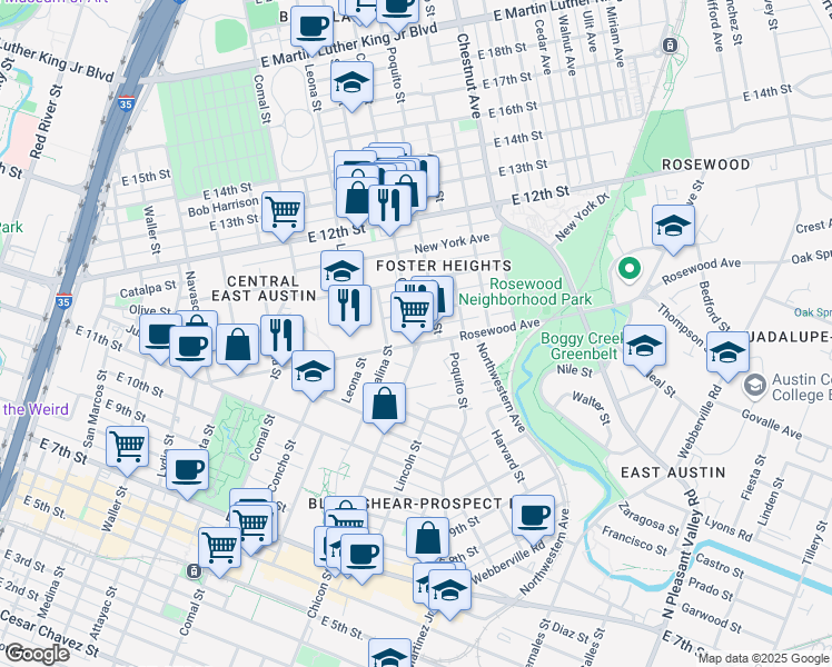 map of restaurants, bars, coffee shops, grocery stores, and more near 1155 Chicon Street in Austin