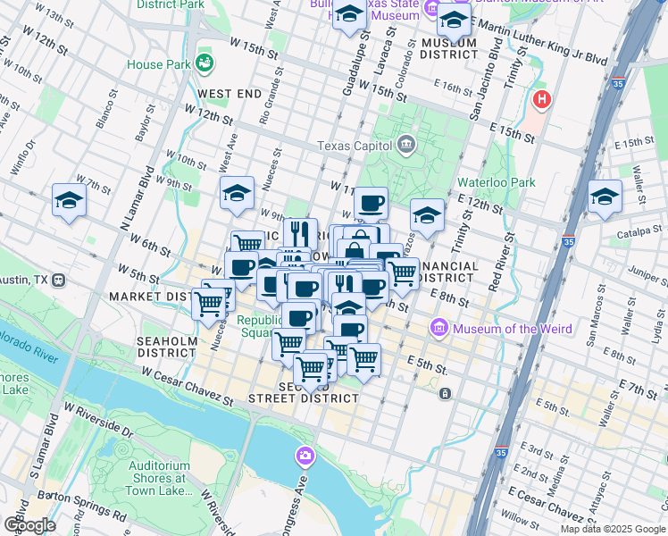 map of restaurants, bars, coffee shops, grocery stores, and more near 210 West 7th Street in Austin