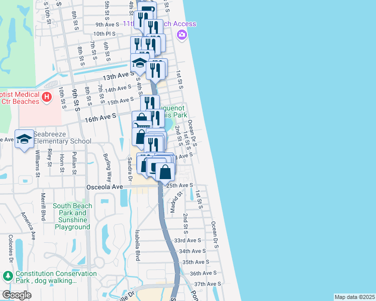 map of restaurants, bars, coffee shops, grocery stores, and more near 2200 Ocean Drive South in Jacksonville Beach